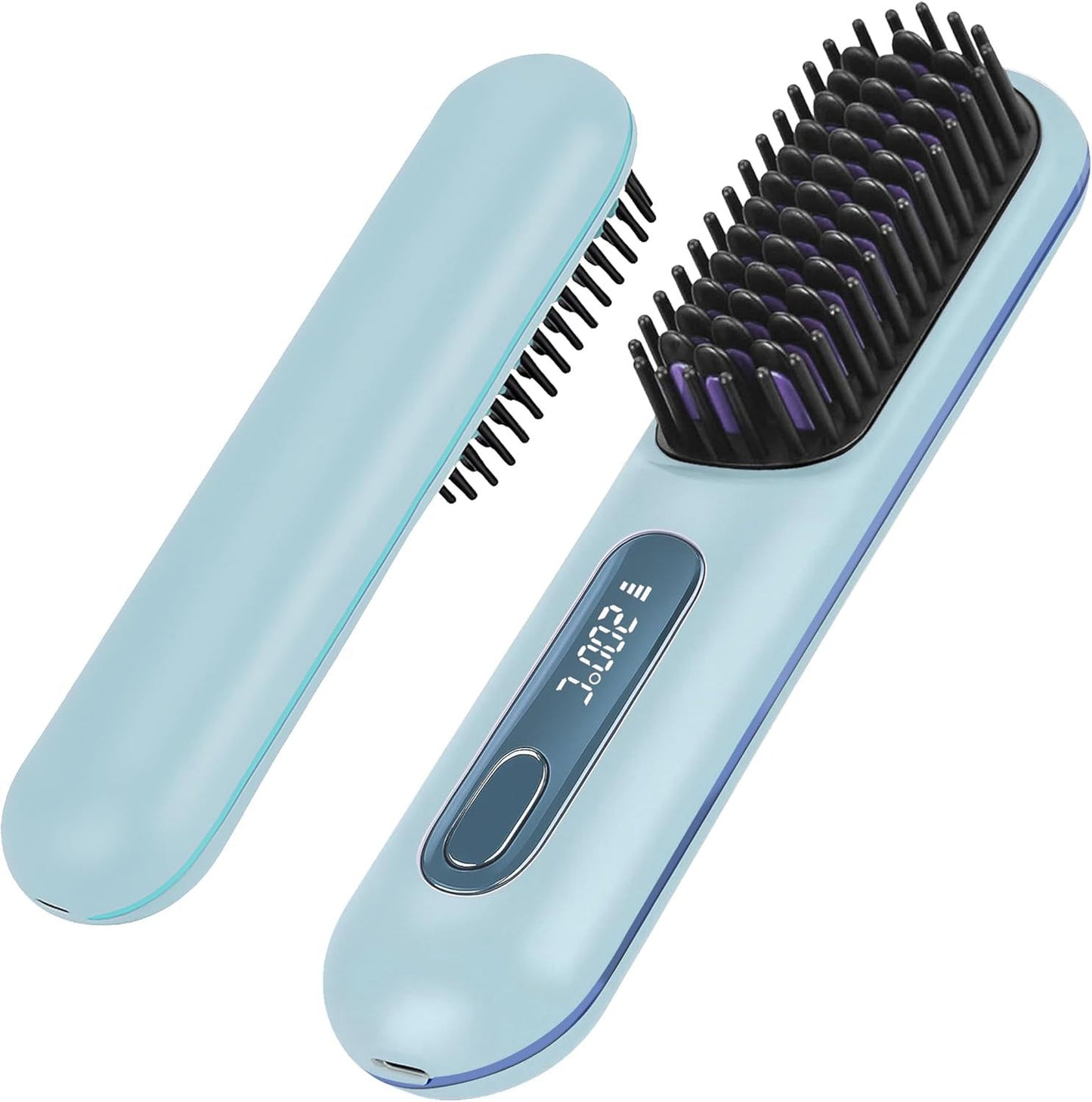Wireless Hair Straightening Brush with Digital LCD Display – MCH Rapid Heating, 3 Temperature Settings, Dual-Layer Ceramic Bristles, Scalp-Safe Design, 3200mAh Battery, USB-C Rechargeable, Portable for Travel & Daily Use (Blue)