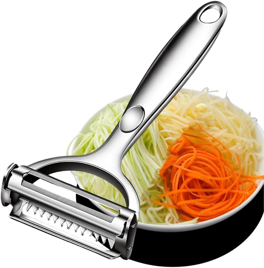Premium Zinc Alloy Multifunctional Vegetable Peeler with Rotating Serrated Blade, Ergonomic Handle for Kitchen Food Prep, Julienne Shredding, and Potato Peeling (Silver)