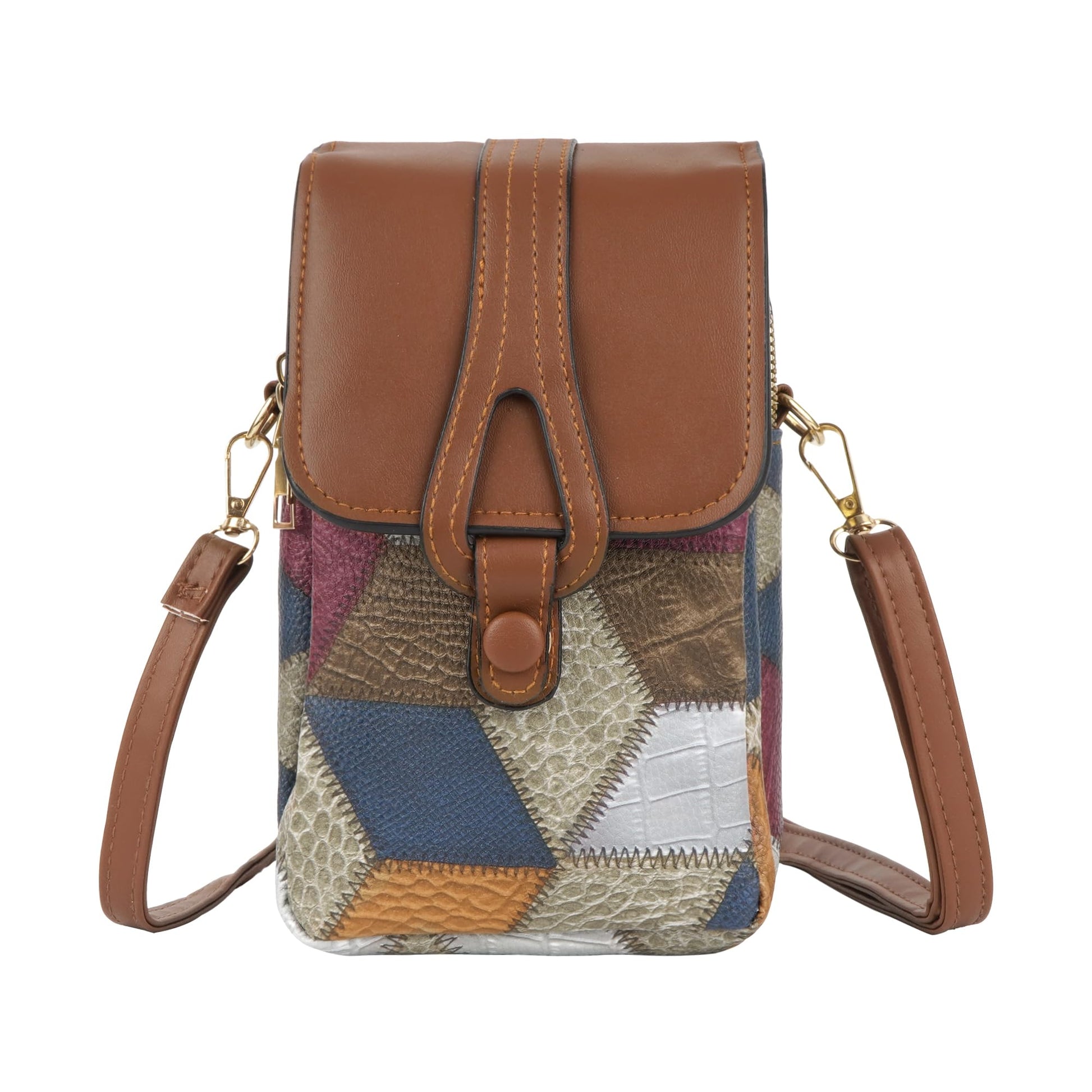 Color-Block Diamond Pattern PU Leather Crossbody Phone Bag – Retro Mini Wallet with Adjustable Strap & Dual Zipper Closure (Brown)