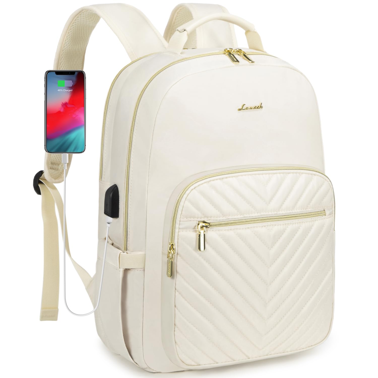 Stylish Laptop Backpack for Women – Large Capacity 27L Computer Bag with 15.6 Inch Compartment, USB Charging Port & 16 Pockets – Ideal for College, Work & Travel (White)