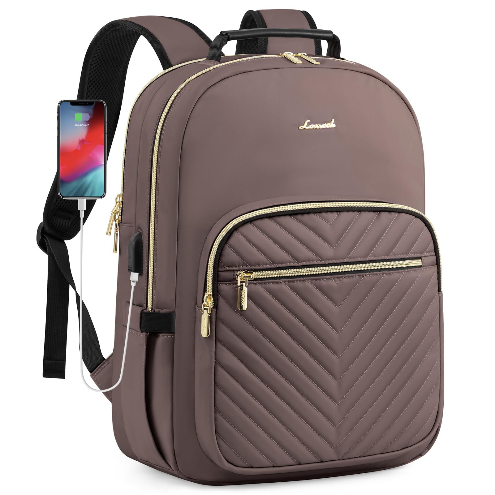 Stylish Laptop Backpack for Women – Large Capacity 27L Computer Bag with 15.6 Inch Compartment, USB Charging Port & 16 Pockets – Ideal for College, Work & Travel (Brown)