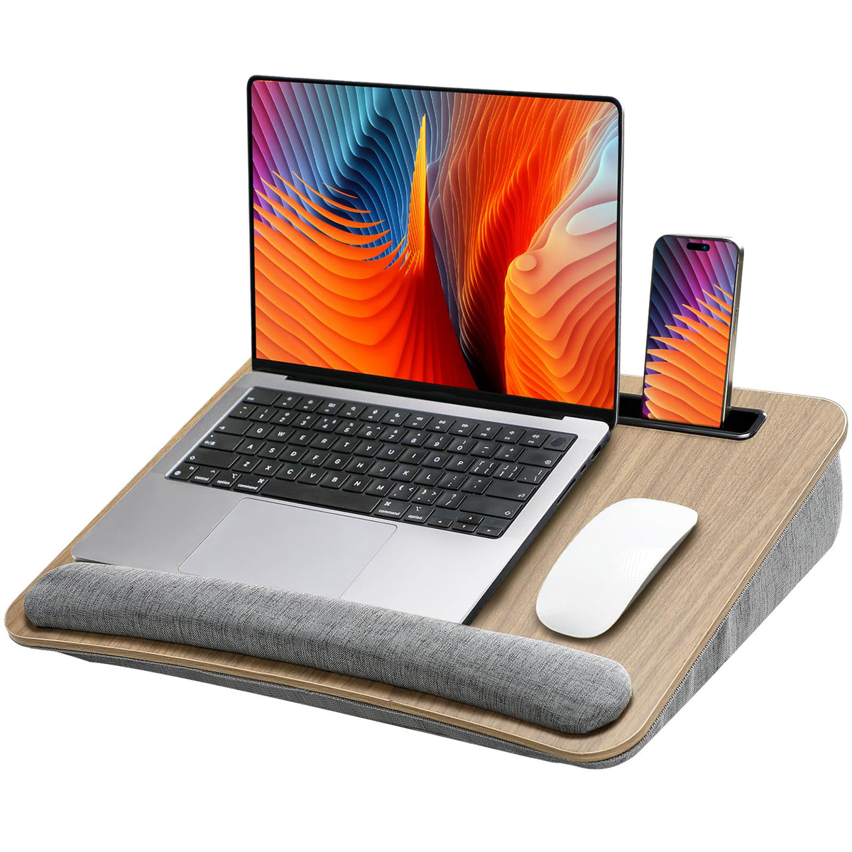 Portable Lap Desk for Students, Remote Workers & Readers – Laptop Table with Wrist Rest, Storage Pockets, Fits up to 15.6 inch Laptop for Bed, Couch or Dorm Use (Wood Grain)