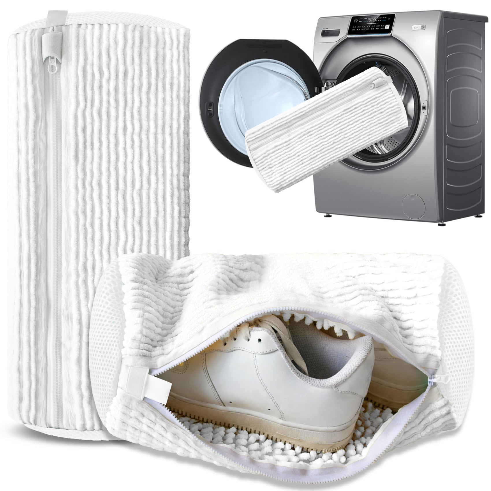 2-Pack Reusable Shoe Washing Machine Bag – White Protective Laundry Bag for All Shoes, Anti-Deformation & Deep Clean with Zipper Lock (White)