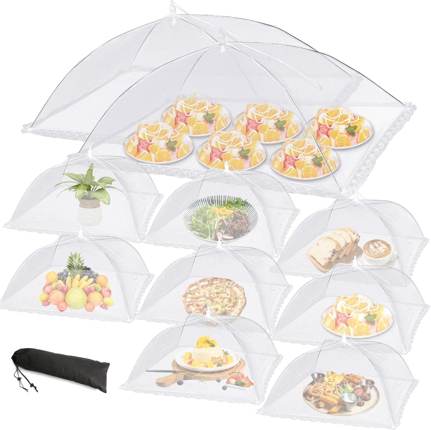 Reusable Pop-Up Mesh Food Cover Tent Set, Foldable Insect Net for Picnic Camping Kitchen Dustproof Protection with Storage Bag (White)