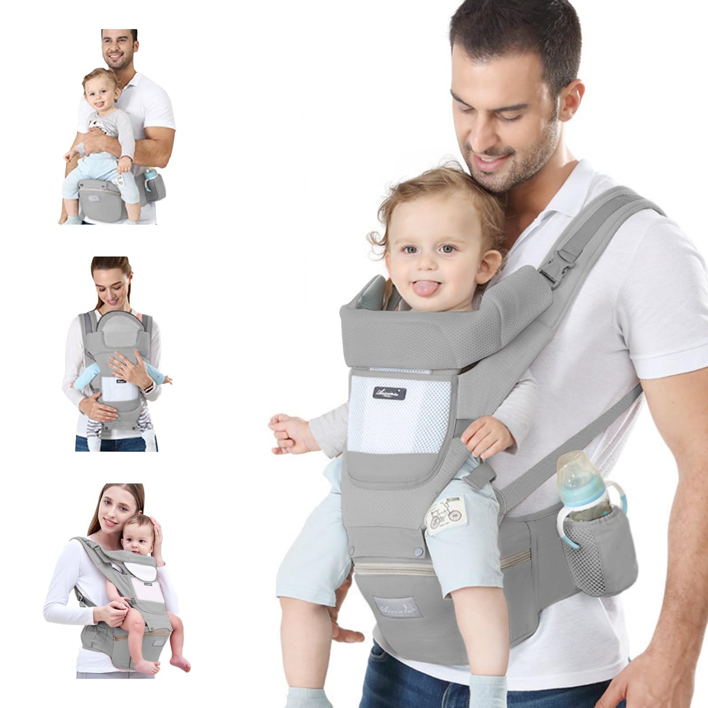6-in-1 Adjustable Baby Carrier with Hip Seat – 11.8–15.7in Adjustable Height, Breathable Mesh & Multi-Position Carry for Newborn to 36 Months (Grey)