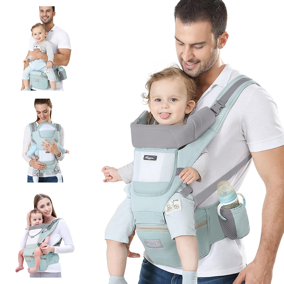 6-in-1 Adjustable Baby Carrier with Hip Seat – 11.8–15.7in Adjustable Height, Breathable Mesh & Multi-Position Carry for Newborn to 36 Months (Green)