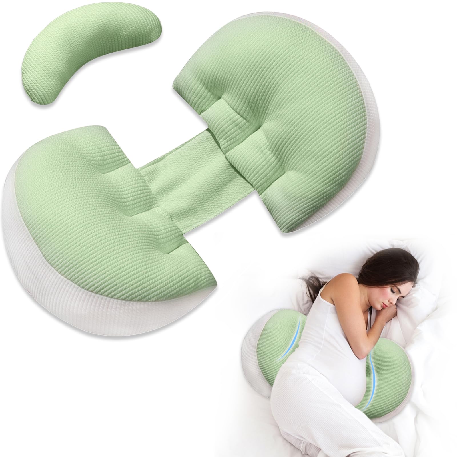 Adjustable Pregnancy Pillow with Velcro Design – Side Sleeping Support for Back, Belly, Hips & Legs, Travel-Friendly Maternity Pillow with Bonus Auxiliary Pillow(Green)