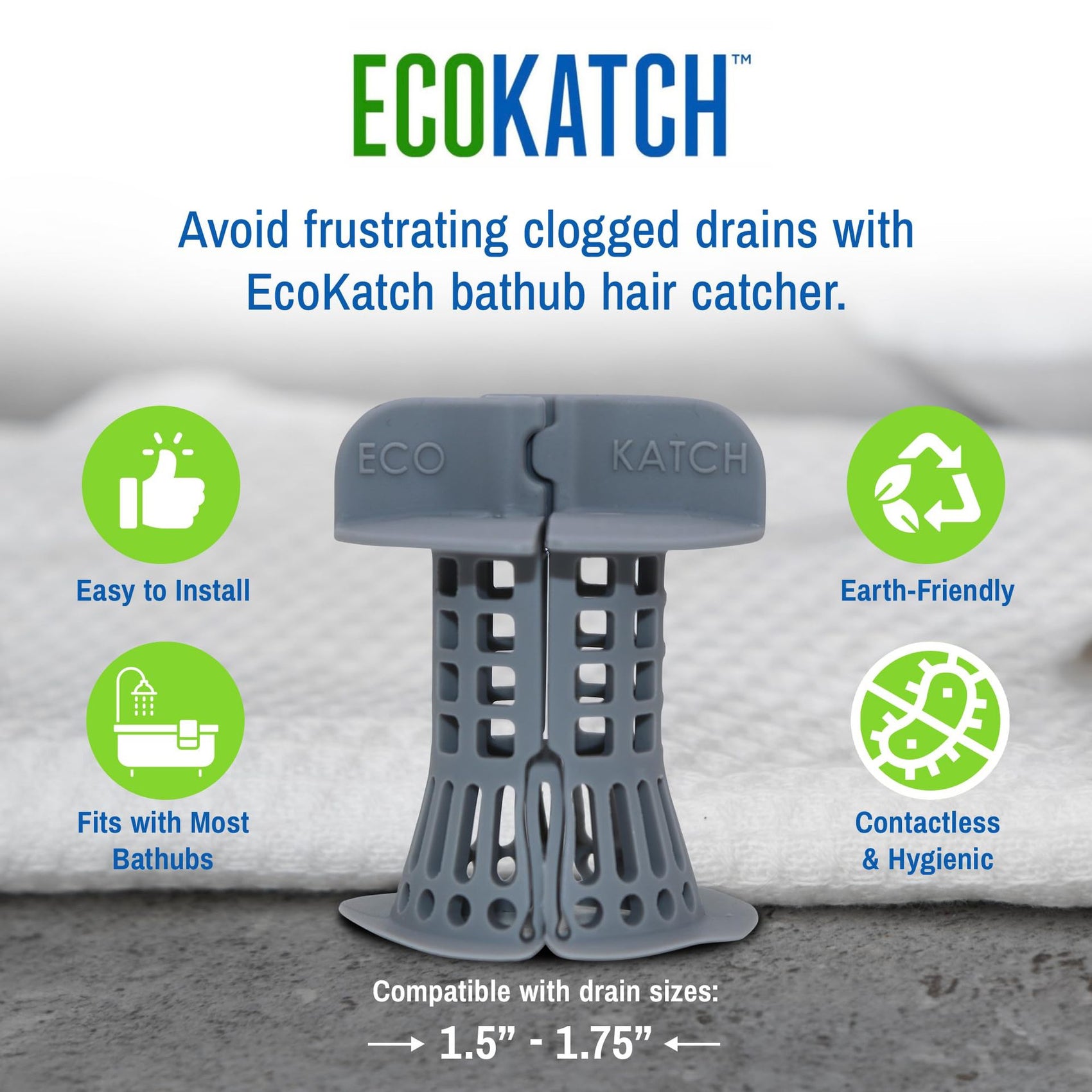 Bathtub Hair Catcher with Handle – No-Touch Drain Filter for Shower and Tub, Reusable Clog Preventer 2-Pack (Blue)