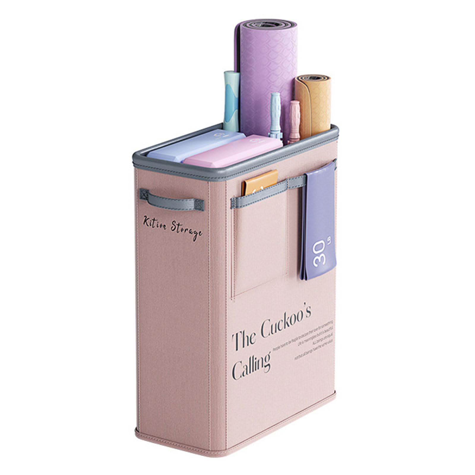 Large Capacity Foldable Yoga Mat Storage Basket – Waterproof Fabric Organizer for Gym Equipment, Dumbbells, Foam Rollers, and Mats with Side Pockets and Handle (Pink)