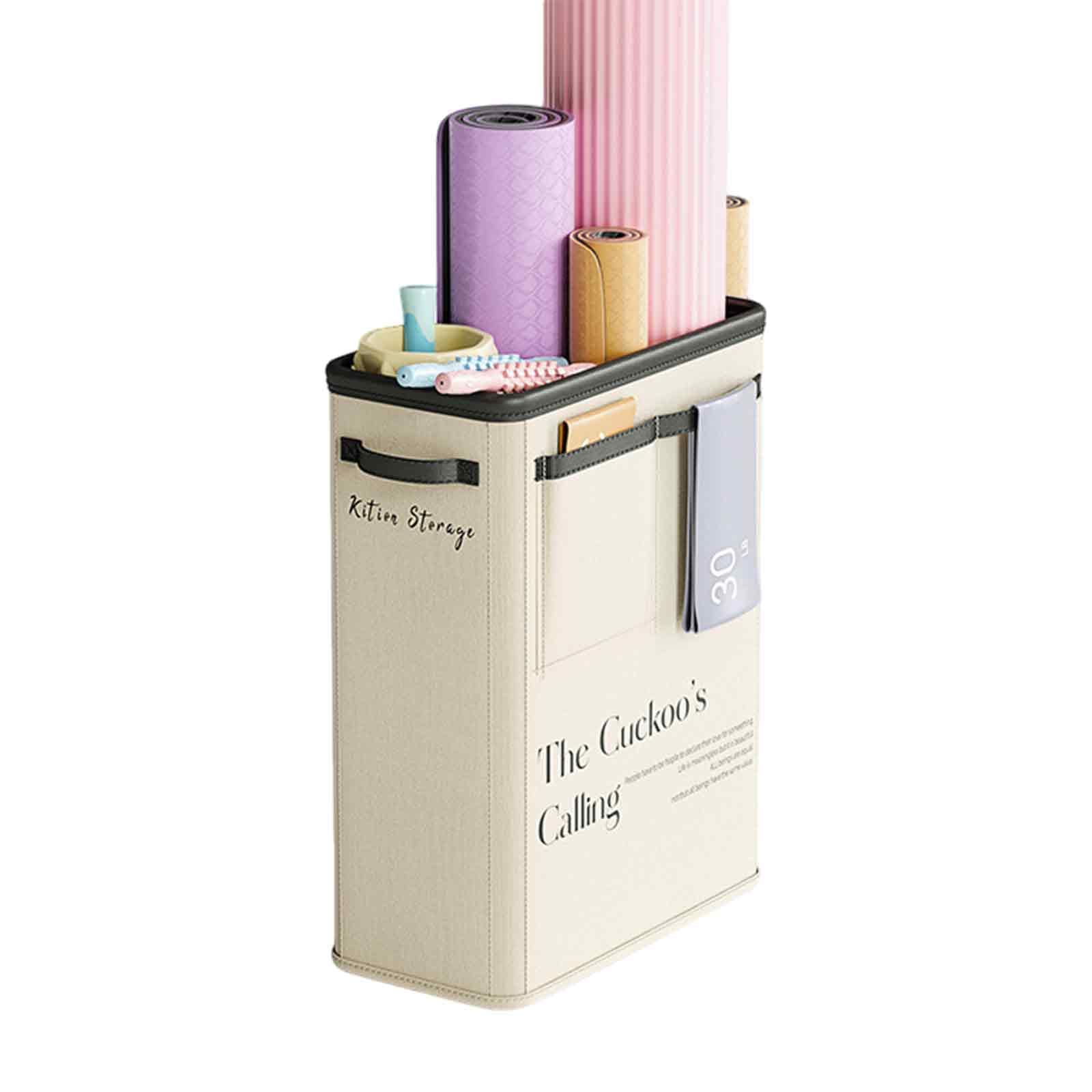 Large Capacity Foldable Yoga Mat Storage Basket – Waterproof Fabric Organizer for Gym Equipment, Dumbbells, Foam Rollers, and Mats with Side Pockets and Handle (Beige)