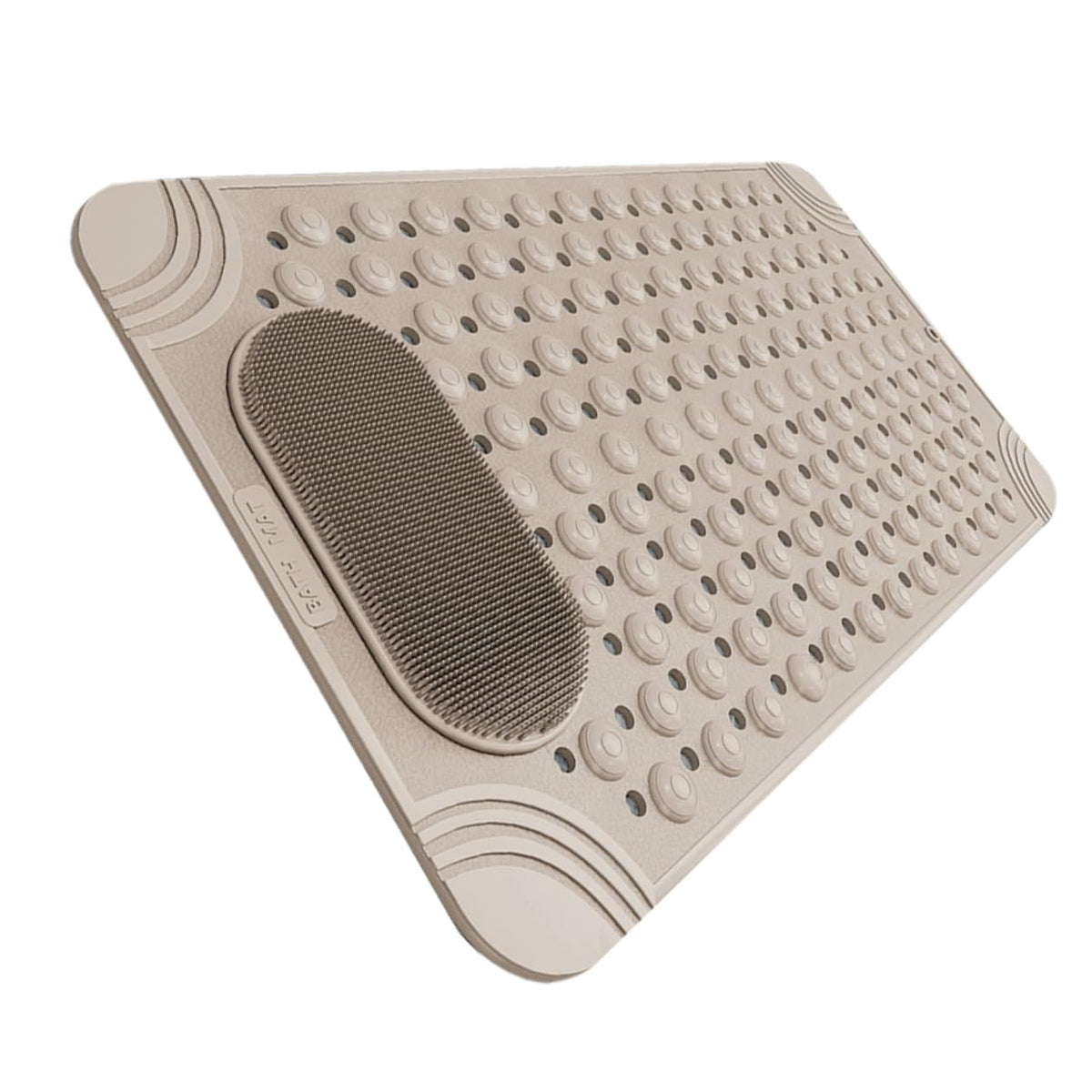 Non-Slip Bath Mat with Foot Scrubber – 80 x 50 cm, Anti-Skid Suction Cups & Drain Holes, Waterproof Shower Floor Pad with Exfoliating Brush(Grey)