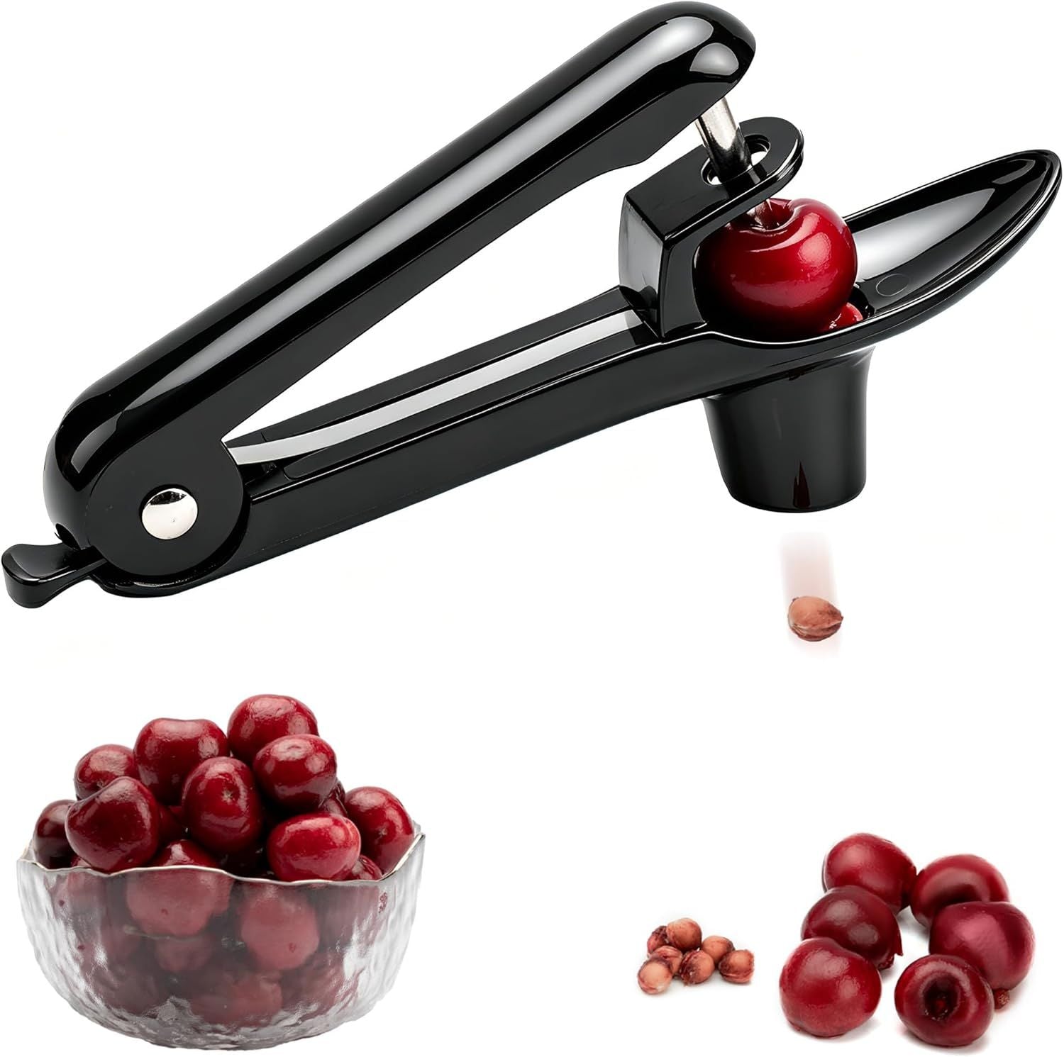Stainless Steel Cherry Pitter for Jam, Pie & Desserts – Ergonomic Handheld Fruit Corer with Lock Design (Black)