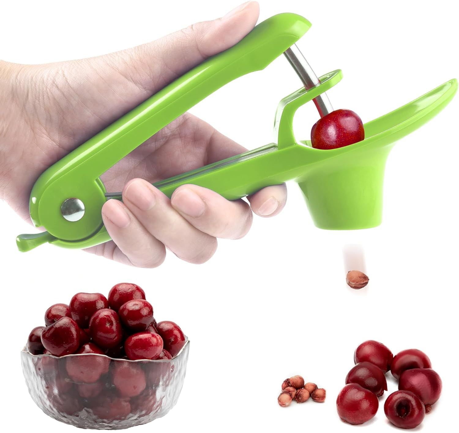Stainless Steel Cherry Pitter for Jam, Pie & Desserts – Ergonomic Handheld Fruit Corer with Lock Design (Green)