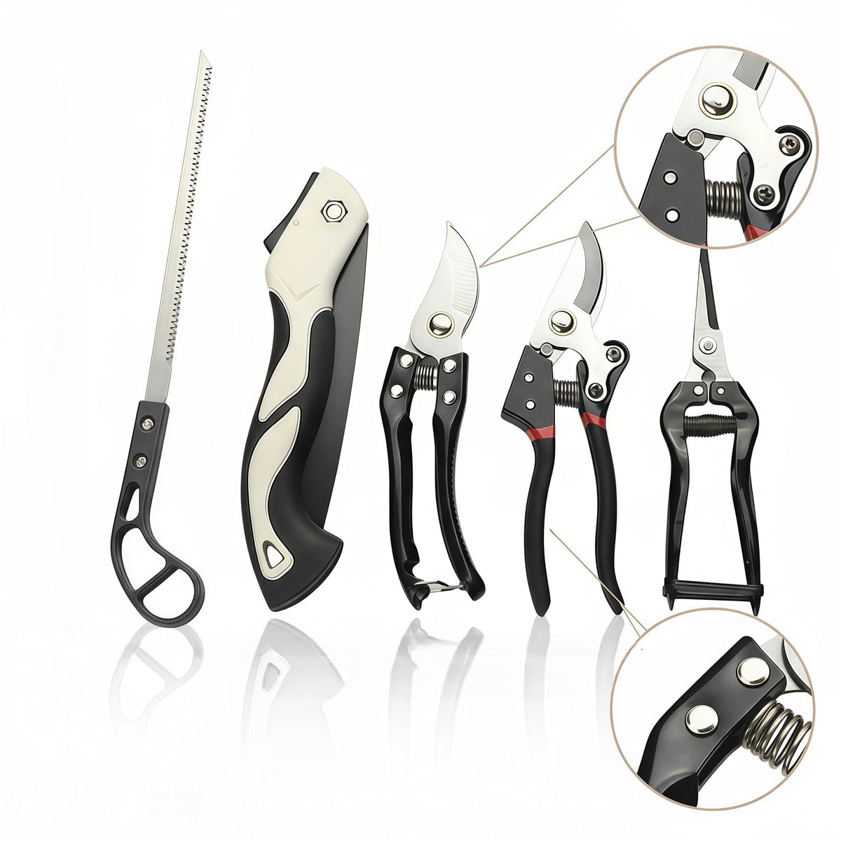 Heavy-Duty 5-Piece Gardening Tool Set – 3 Pruning Shears & 2 Folding Saws, Stainless Steel Blades, Ergonomic Handles, Compact Storage – Ideal for Trees, Shrubs, Camping, and Gift-Giving