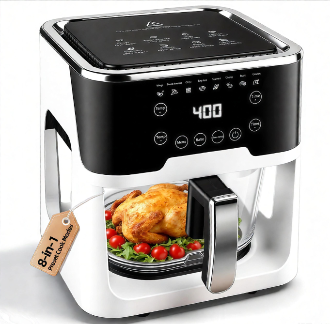 6.0QT Glass Air Fryer with Touchscreen Control – 1500W, Power-Off & Overheat Protection, Adjustable Time & Temperature, 360° Air Circulation, Dishwasher Safe & Easy Clean(white)