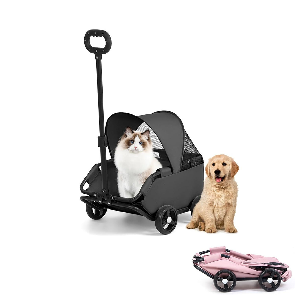 4-Wheel Dog Stroller with Sunshade Cover Collapsible Mesh Canopy Portable Pet Carrier for Outdoor Travel Shopping Walking Suitable for Small Dogs and Cats(black)