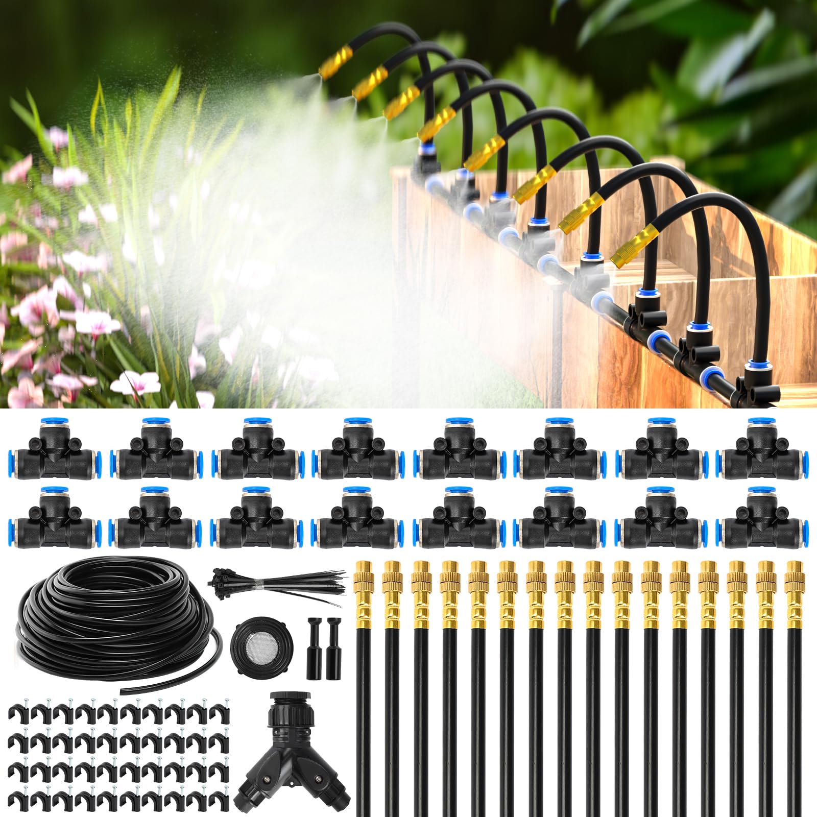 100Ft 1/4" Drip Irrigation System, Garden Irrigation Kit with 16pcs Adjustable Copper Nozzles,Automatic Atomizing Watering Sprinkler System for Outdoor,Raisedbed,Lawn,Greenhouse
