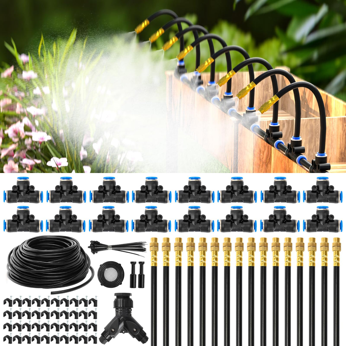 100Ft 1/4" Drip Irrigation System, Garden Irrigation Kit with 16pcs Adjustable Copper Nozzles,Automatic Atomizing Watering Sprinkler System for Outdoor,Raisedbed,Lawn,Greenhouse