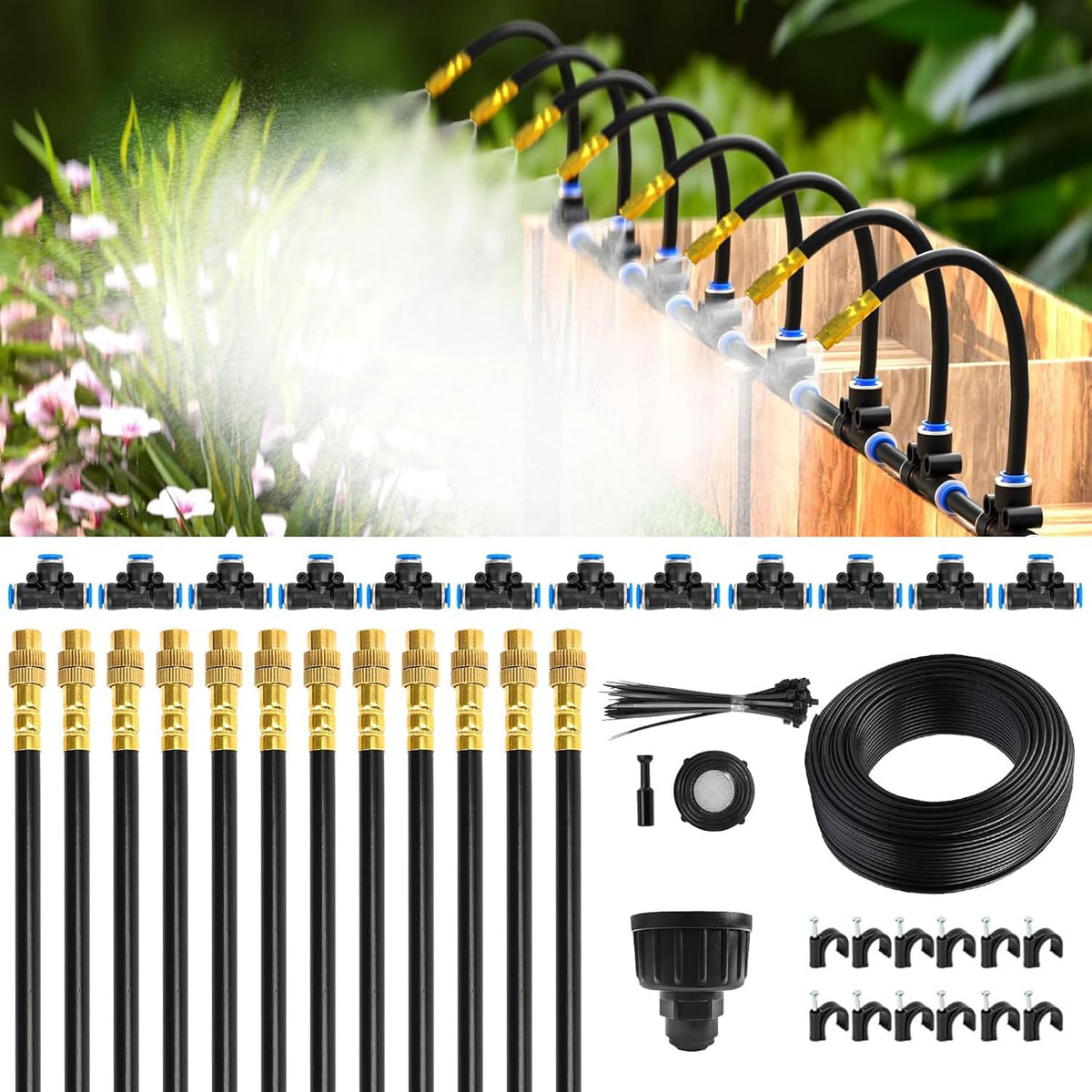 50Ft 1/4" Drip Irrigation System,Garden Irrigation Kit with 12pcs 360° Adjustable Copper Nozzles,Automatic Watering System for Outdoor,Raised Bed,Potted Plant,Greenhouse Accessories for Yard