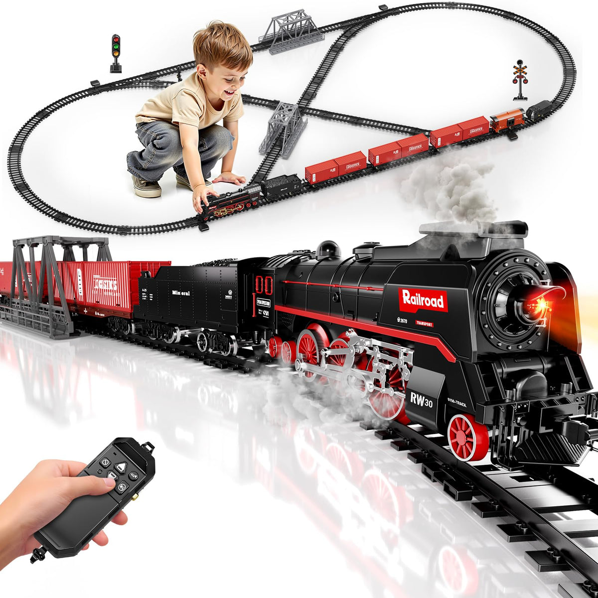 Model Train Set, Remote Control Train Toys with 3Way Smoke Locomotive, 5 Train Cars, Luxury Track Kit, Authentic Train Sounds & Lights, Rechargeable Battery, Top Present for Train Lovers (Black)
