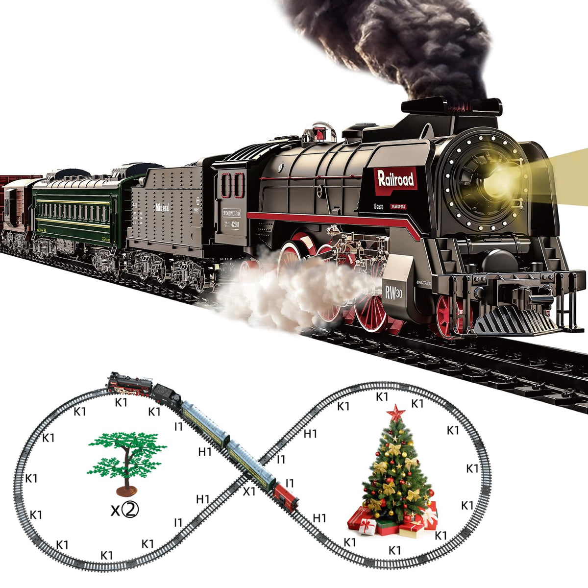 Train Set for Kids, Electric Train Toys with Realistic Light Sounds Smoke, Christmas Train Model Gifts for Toddlers Boys Girls, Steam Locomotive, Luxury Track & 2 Glowing Passenger Carriages (Black)