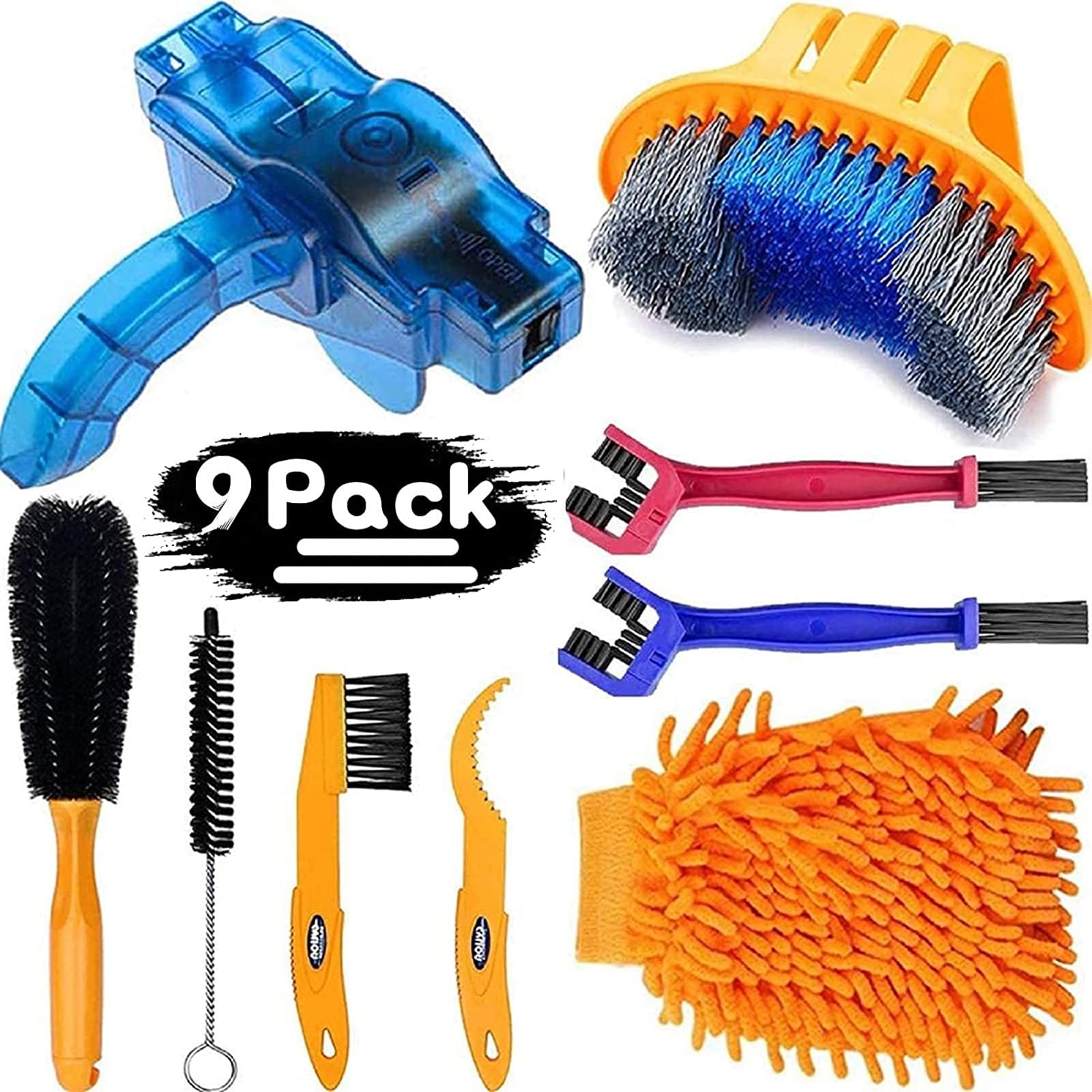 9-Piece Bike Cleaning Kit – Chain Cleaner, Tire Brush, Frame Scrubber, Gear Brush, Microfiber Glove for Mountain, Road, BMX Bikes (Yellow-Orange)