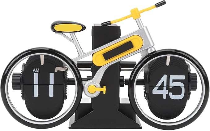 Modern Bicycle Flip Clock – Creative Mechanical Desk Timepiece with Dual Rotating Wheels, Retro Design for Home Office Decor, Compact Size (Yellow)