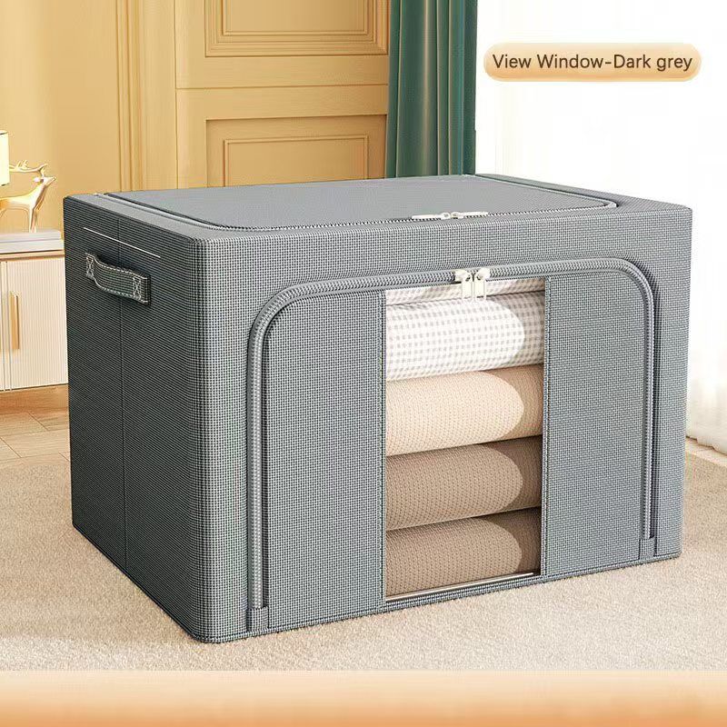 Clothes Storage Bins, 6 Pack Bedding Organizers with Handles, Stackable Metal Frame Closet Organizer, Visable Windows, Clothing Organization for Sweatshirt, Blanket, Long Dresses, (66L Dark grey)