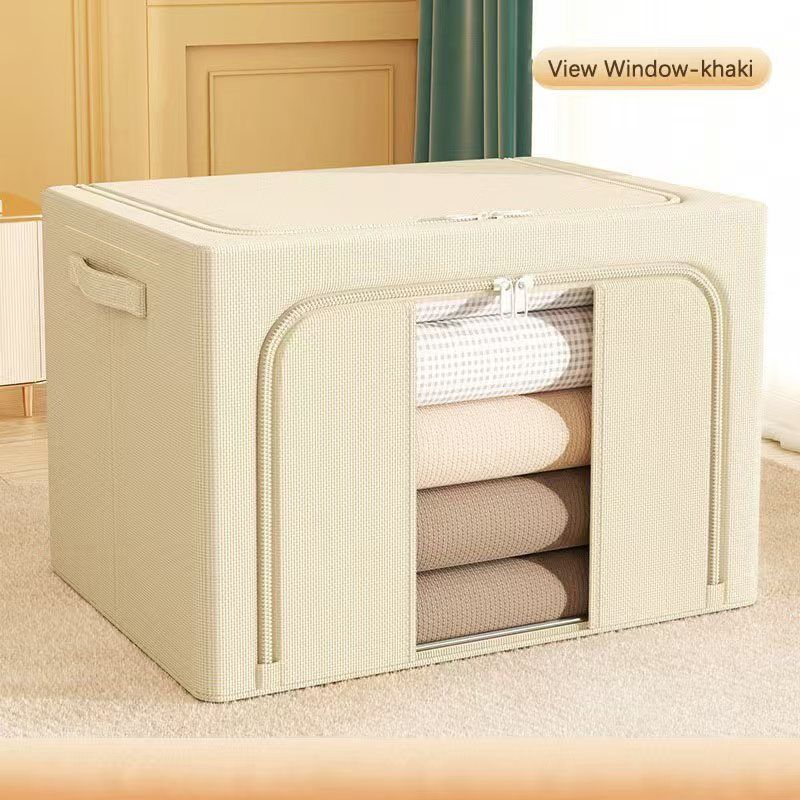 Clothes Storage Bins, 6 Pack Bedding Organizers with Handles, Stackable Metal Frame Closet Organizer, Visable Windows, Clothing Organization for Sweatshirt, Blanket, Long Dresses, (66L khaki)