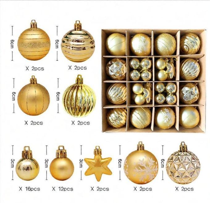 Christmas Ornaments Bauble Set Xmas Tree Decorations Shatterproof Ornaments - Gold