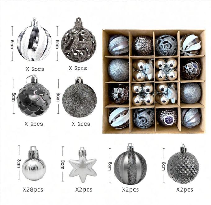 Christmas Ornaments Bauble Set Xmas Tree Decorations Shatterproof Ornaments - Gray