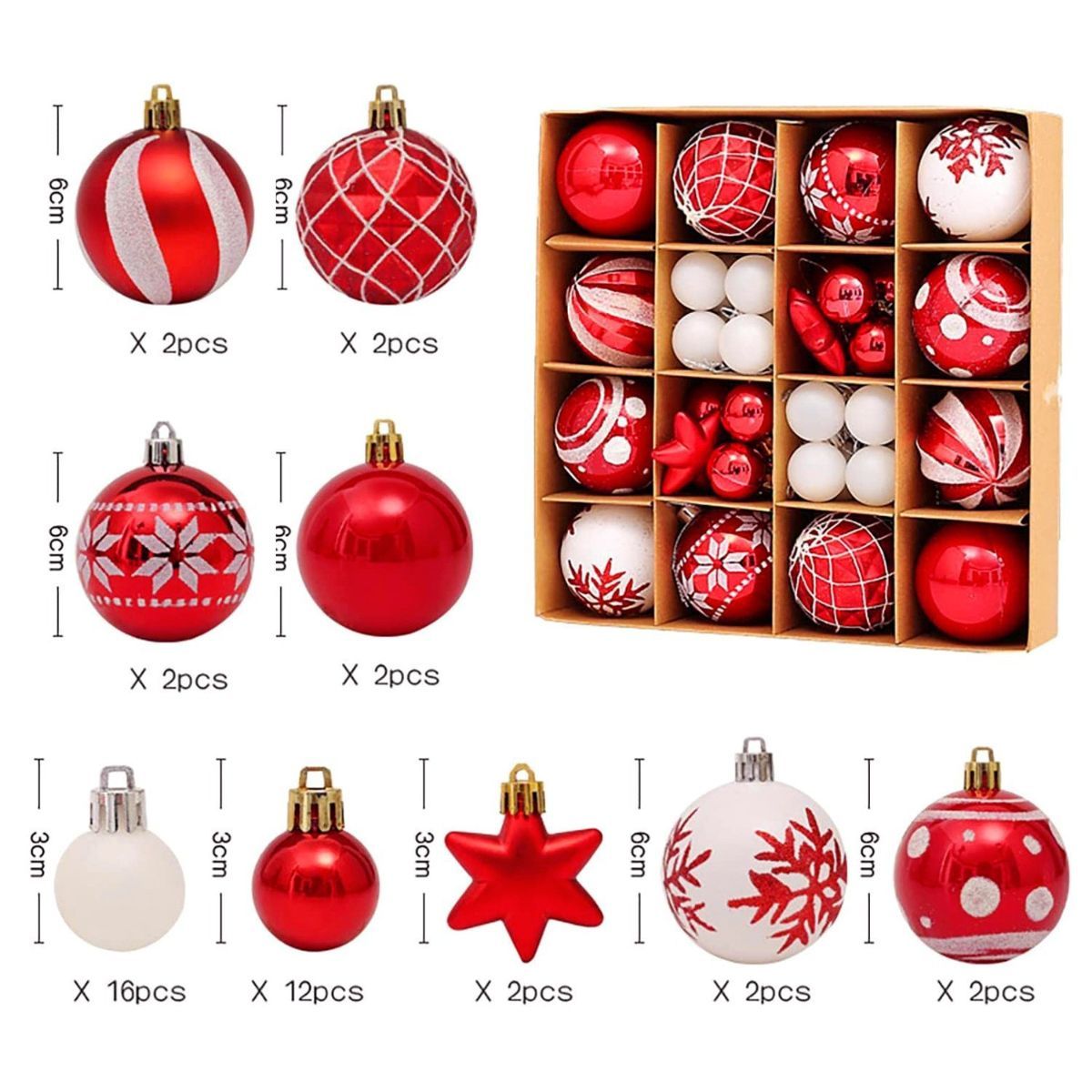 Christmas Ornaments Bauble Set Xmas Tree Decorations Shatterproof Ornaments - Red
