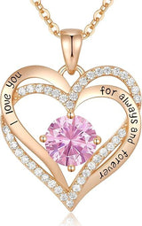 Forever Love Heart Birthstone Necklace: 925 Sterling Silver Personalized Jewelry for Mom, Wife, Friend with 12 Month Stone Options（pink diamond,October）