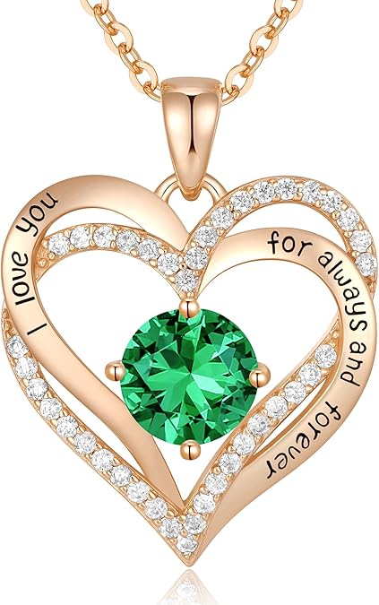 Forever Love Heart Birthstone Necklace: 925 Sterling Silver Personalized Jewelry for Mom, Wife, Friend with 12 Month Stone Options（green diamond,May）