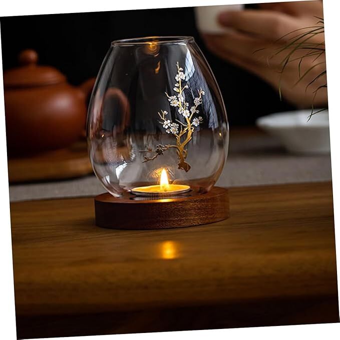 Chinese-Style Glass Candle Holder with Plum Blossom Design: 12×8cm, Windproof, Retro Zen Decor for Romantic Dinners & Home Ambiance