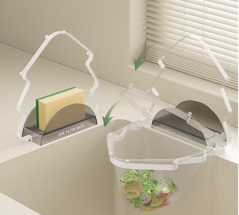 Kitchen Sink Filter Rack with 100 12cm*15cm Mesh Bags, Foldable Food Waste Strainer, Multi-functional Drain Basket（white）