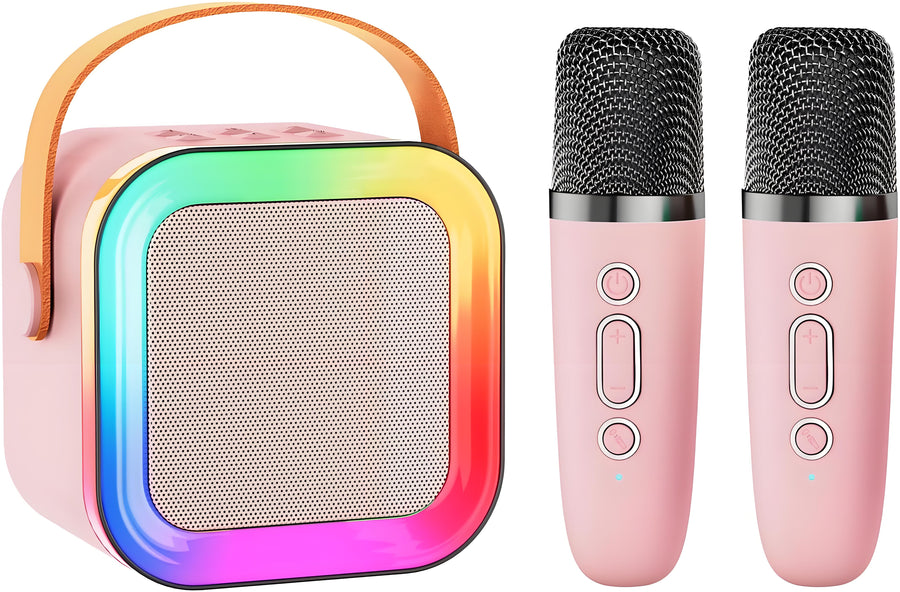 Pink Mini Karaoke Machine with 2 Wireless Microphones: Portable Bluetooth Speaker for Kids & Adults, Ideal Gift for All Occasions
