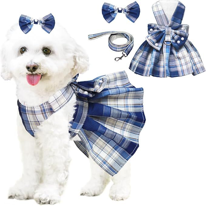Dog Dress Bowknot Harness Leash Set for Small Dogs Girl Cute Plaid Dog Dress Pearls Bow Tie Spring Summer Princess Clothes Birthday Holiday Doggie Outfits for Puppy Cats Girl Apparel