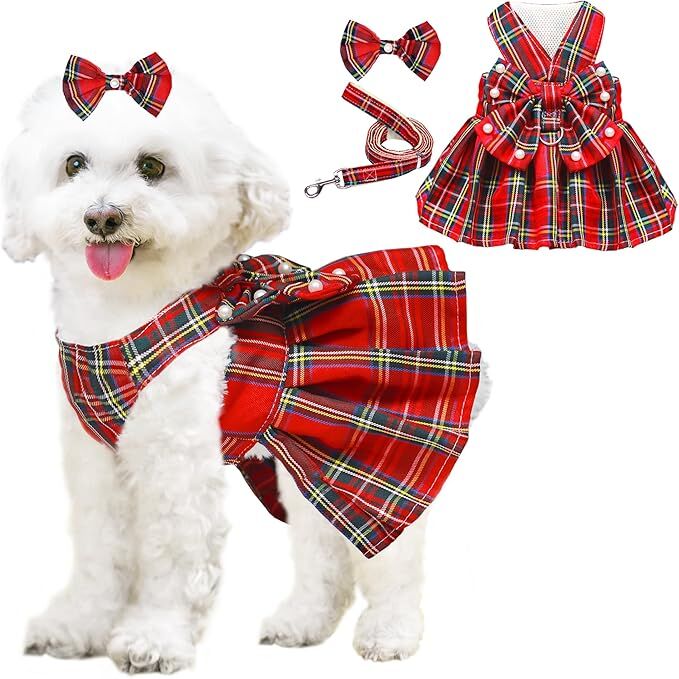Dog Dress Bowknot Harness Leash Set for Small Dogs Girl Cute Plaid Dog Dress Pearls Bow Tie Spring Summer Princess Clothes Birthday Holiday Doggie Outfits for Puppy Cats Girl Apparel