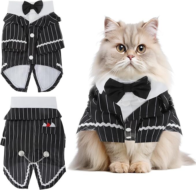 Dog Cat Tuxedo Suit with Bow Tie - Formal Black & White Striped Pet Costume Shirt, Elegant Wedding Outfit Birthday Party Attire for Maltese Dachshund Yorkie Puppies Shih Tzu Small Medium Dogs and cats