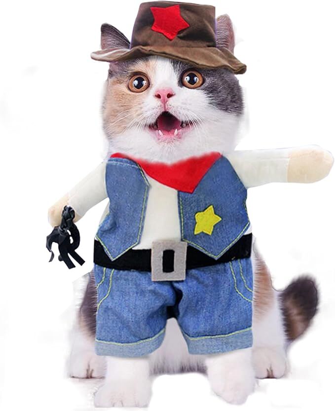 Small Dog Cowboy Costume with Hat 2pcs Funny Halloween Chucky Costumes Cool West Cowboy Uniform Puppy Denim Overalls Western Cosplay Sheriff Outfits Cat Apparel