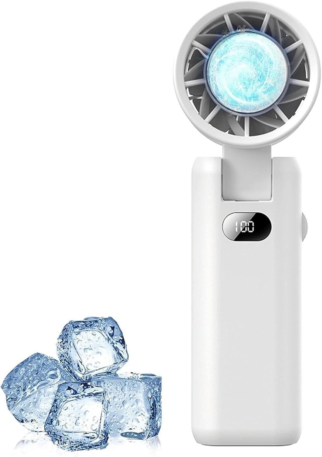 Portable Handheld Turbo Fan with Cooling Tech, Digital Display, 100-Speed Control, Rechargeable 4-in-1 Personal Fan for Travel, Outdoor, Office (White)