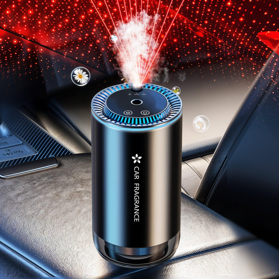 Smart Car Air Freshener with Starry Lights Projector: Automatic Aroma Diffuser, 3 Modes, Rechargeable for Car & Home