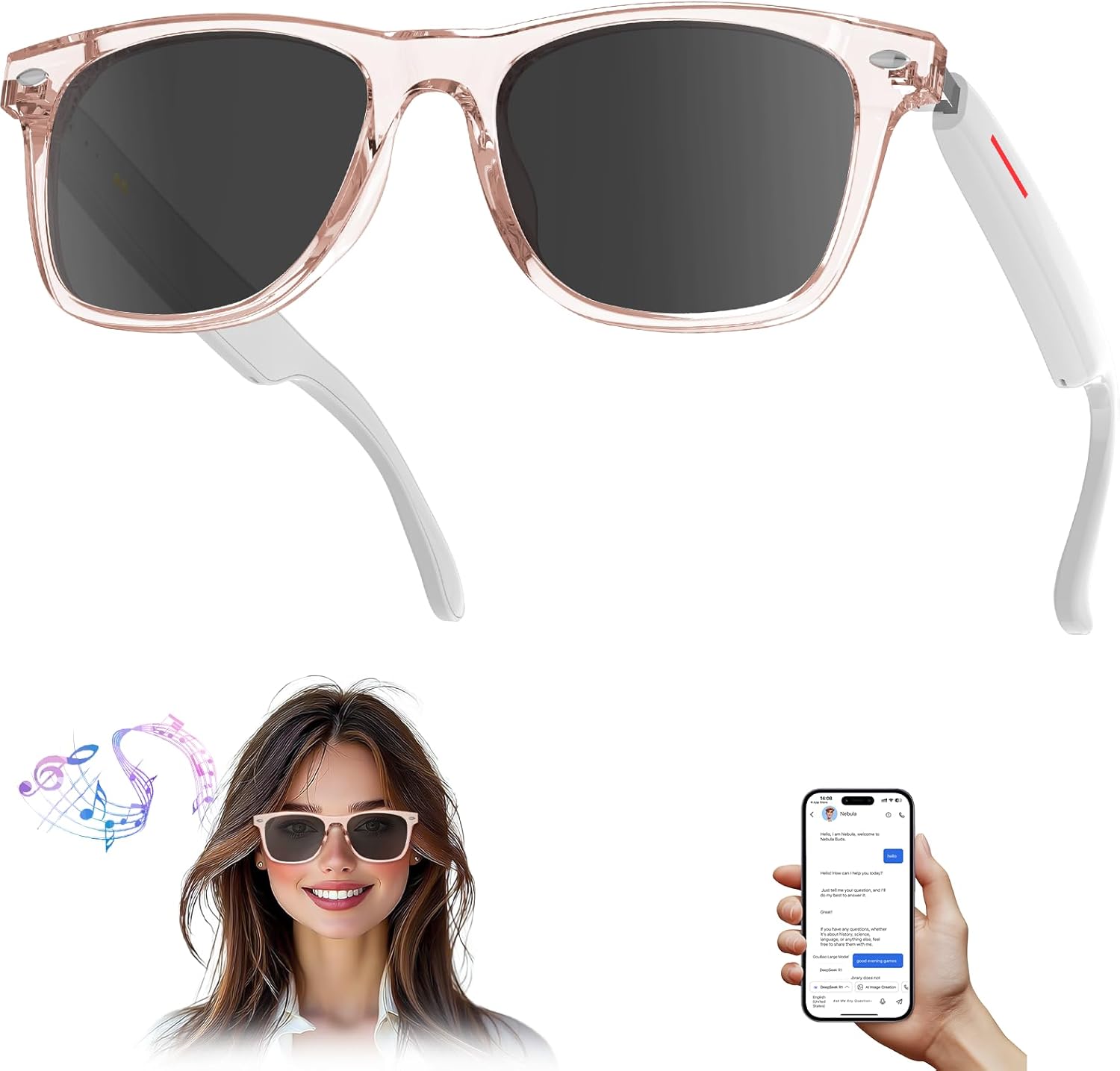 AI Smart Translation Sunglasses: UV400, Bluetooth, 110+ Languages, Voice Control – Ideal for Travel & Work (Pink)