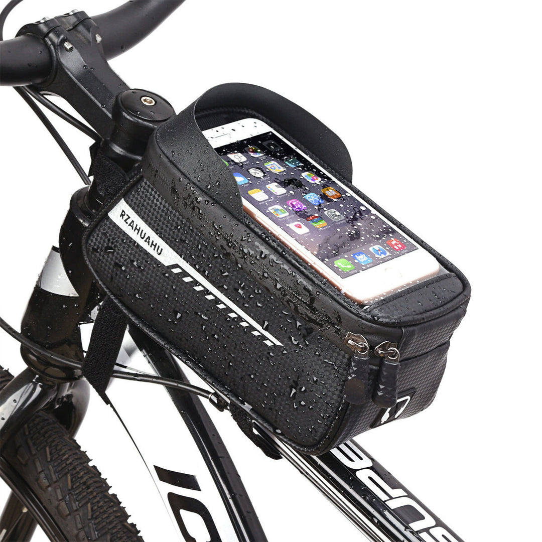 Black Waterproof Bike Frame Bag with Touchscreen & Reflective Details: 6.5" Phone Compatibility, Aussie Cyclist Essential