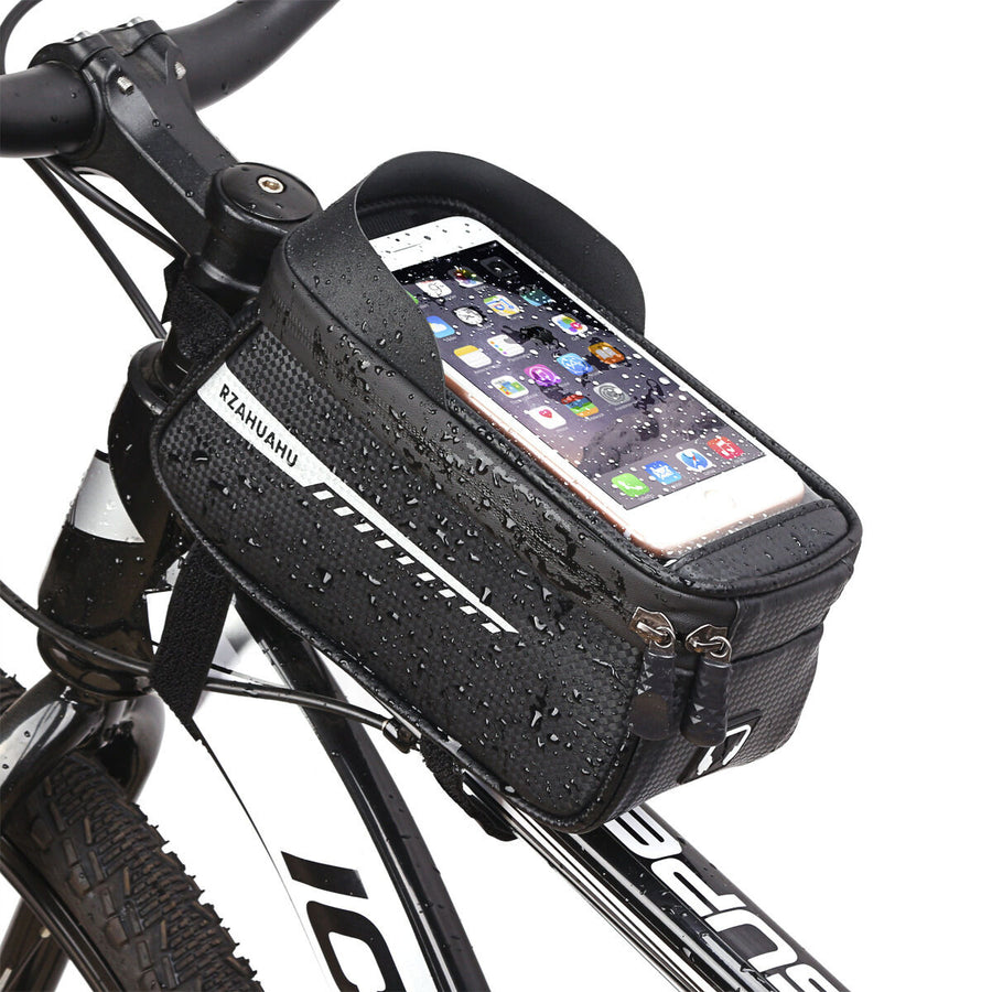 Black Waterproof Bike Frame Bag with Touchscreen & Reflective Details: 6.5" Phone Compatibility, Aussie Cyclist Essential