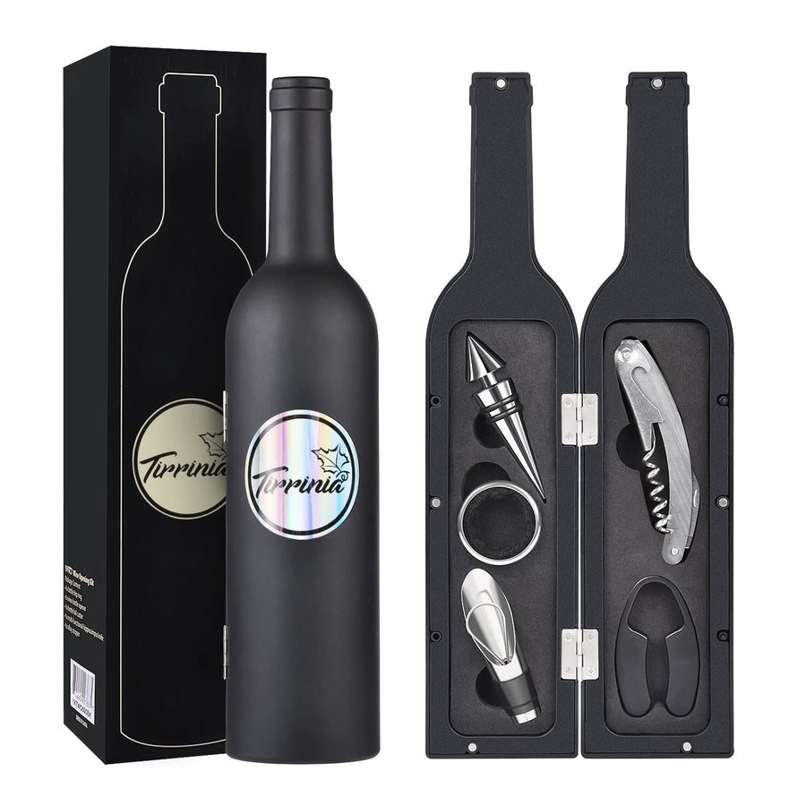 Wine Accessories Gift Set (Black), 5-Piece Bottle Corkscrew Opener Kit with Novelty Bottle-Shaped Case, Valentine's Day Gift for Wine Lovers