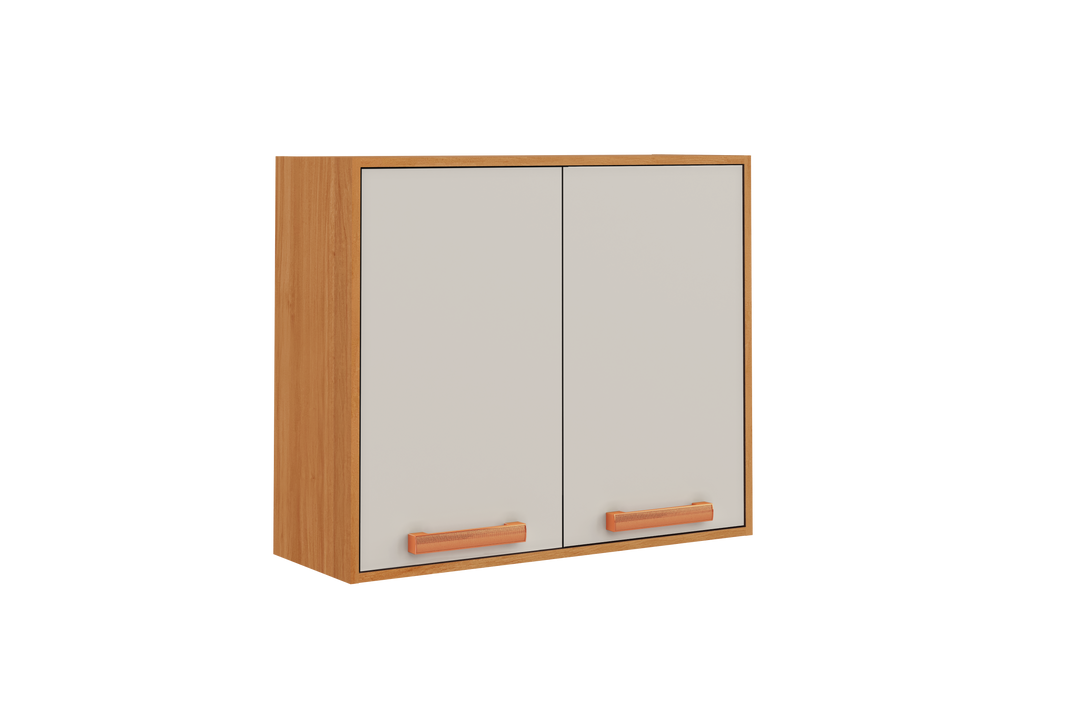 Flat Pack DIY Wooden Kitchen Wall Cabinet with 2 Doors + 2 Shelves in White and Cinnamon Finish - Napoles