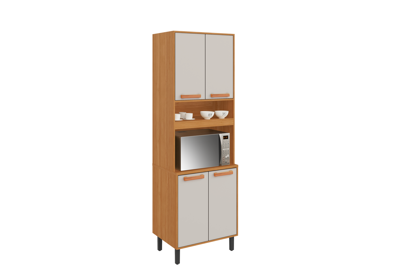Flat Pack DIY Wooden Kitchen Cupboard/Pantry with 4 Doors + 6 Shelves in White and Cinnamon Finish - Napoles