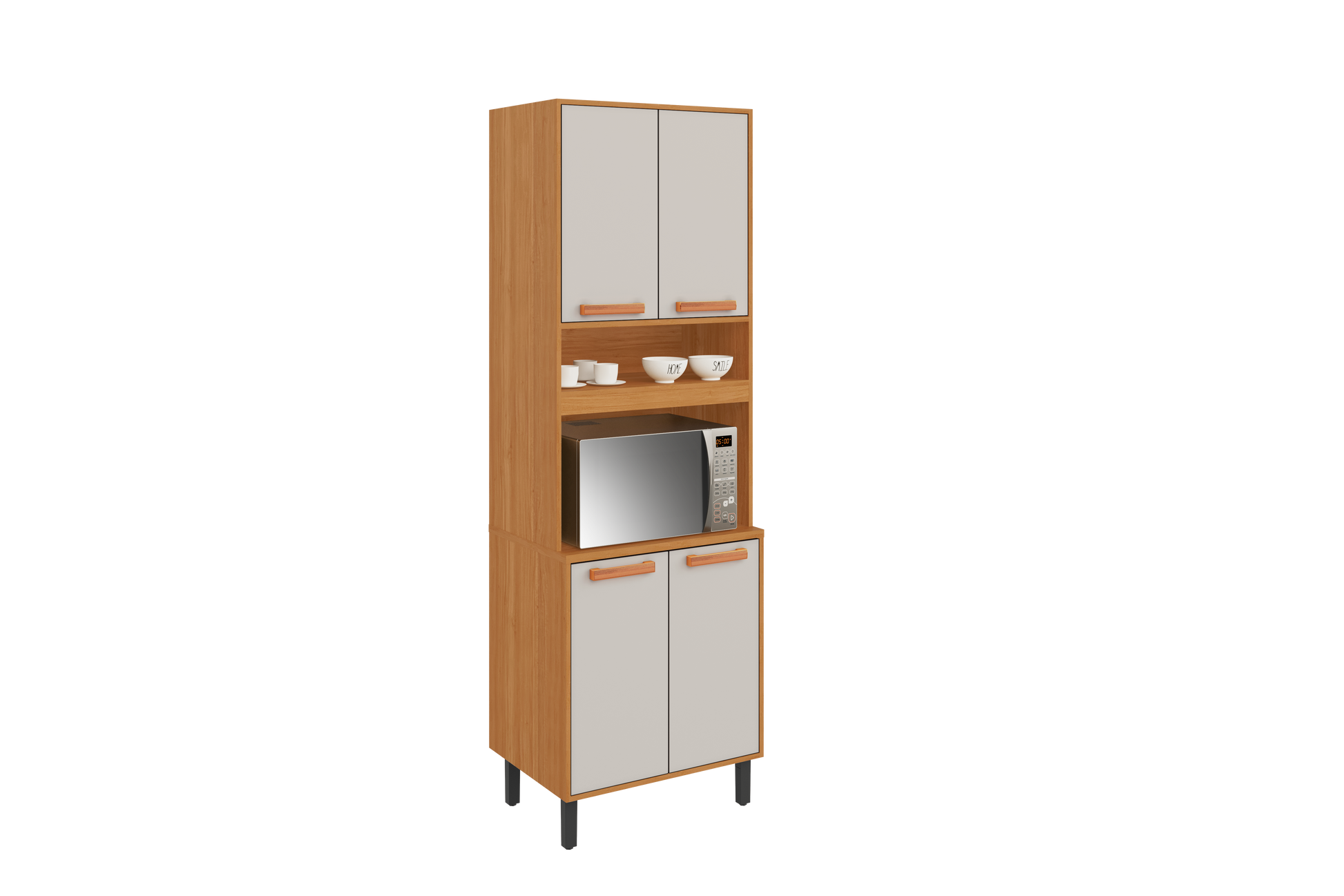 Flat Pack DIY Wooden Kitchen Cupboard/Pantry with 4 Doors + 6 Shelves in White and Cinnamon Finish - Napoles